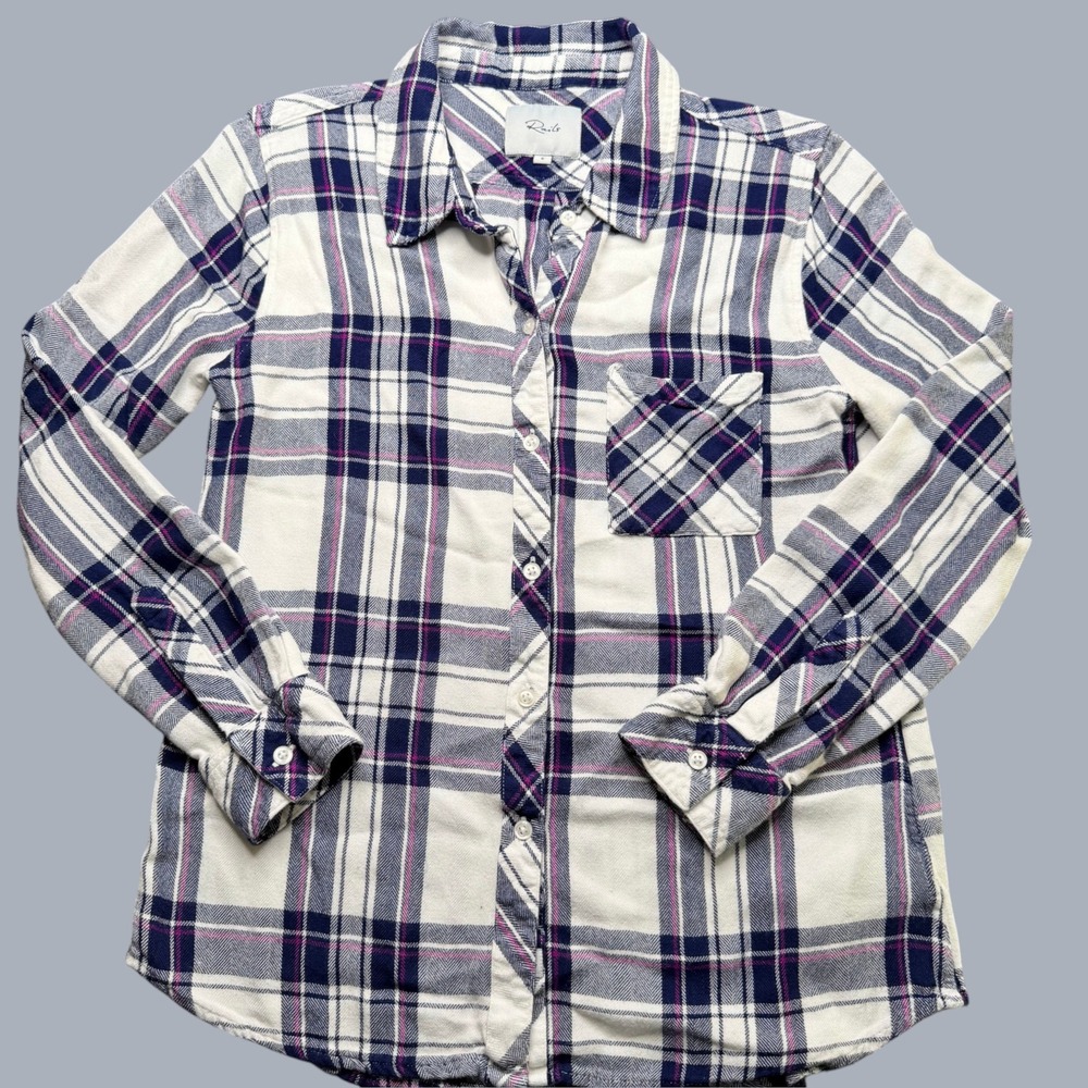 Rails Hunter Plaid Button Down Womens White Navy Orchid Soft Rayon Casual Small